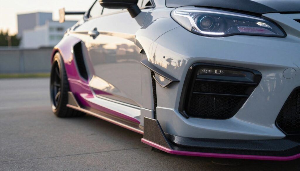 A sleek, modified car showcasing visual tuning elements like custom bumpers, side skirts, and a striking paint job. The foreground features a close-up on the intricately designed bumper, displaying unique aerodynamic features and a glossy finish. In the middle ground, the side skirts blend seamlessly with the overall aesthetic of the vehicle, reflecting dynamic lines and vibrant colors. The background features a blurred urban setting, adding a contemporary feel while emphasizing the car's striking appearance. The scene is illuminated by soft afternoon sunlight, highlighting the car's contours and adding depth. Use a wide-angle lens to enhance the perspective, creating an immersive and stylish atmosphere that captures the essence of automotive visual tuning. A sleek, modified car showcasing visual tuning elements like custom bumpers, side skirts, and a striking paint job. The foreground features a close-up on the intricately designed bumper, displaying unique aerodynamic features and a glossy finish. In the middle ground, the side skirts blend seamlessly with the overall aesthetic of the vehicle, reflecting dynamic lines and vibrant colors. The background features a blurred urban setting, adding a contemporary feel while emphasizing the car's striking appearance. The scene is illuminated by soft afternoon sunlight, highlighting the car's contours and adding depth. Use a wide-angle lens to enhance the perspective, creating an immersive and stylish atmosphere that captures the essence of automotive visual tuning.