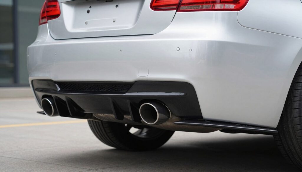 A sleek, modified rear bumper for a BMW E92, featuring an aggressive diffuser and clean lines that emphasize a minimalist design. The bumper is shown in a dynamic angle, highlighting the contours and depth of the diffuser, with a glossy finish reflecting ambient light. The background is softly blurred to keep focus on the bumper, with hints of a stylish urban environment, adding to the automotive aesthetic. The lighting is bright but soft, creating an appealing sheen on the bumper's surface. The overall mood conveys sophistication and modernity, showcasing a refined, yet sporty look without clutter, embodying the theme of a clean and understated vehicle modification. A sleek, modified rear bumper for a BMW E92, featuring an aggressive diffuser and clean lines that emphasize a minimalist design. The bumper is shown in a dynamic angle, highlighting the contours and depth of the diffuser, with a glossy finish reflecting ambient light. The background is softly blurred to keep focus on the bumper, with hints of a stylish urban environment, adding to the automotive aesthetic. The lighting is bright but soft, creating an appealing sheen on the bumper's surface. The overall mood conveys sophistication and modernity, showcasing a refined, yet sporty look without clutter, embodying the theme of a clean and understated vehicle modification.