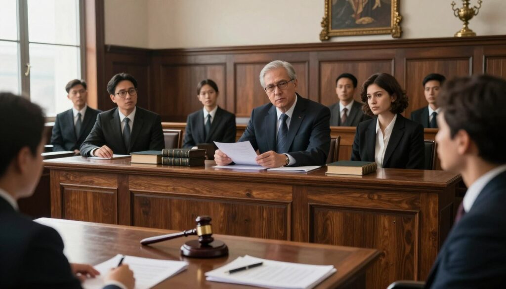 A solemn courtroom setting with a focus on a wooden judge's bench, elegantly adorned with a gavel and law books. In the foreground, a polished table holds legal documents and a pen, suggesting the act of filing an appeal. The middle ground features a diverse group of individuals in professional business attire, including a lawyer discussing case details with a client, their expressions serious yet hopeful. In the background, ornate wood paneling and historical legal artifacts create a formal atmosphere, accentuated by soft, natural lighting coming through tall windows. The overall mood is tense but respectful, capturing the gravity of legal proceedings and the process following an appeal in court. A solemn courtroom setting with a focus on a wooden judge's bench, elegantly adorned with a gavel and law books. In the foreground, a polished table holds legal documents and a pen, suggesting the act of filing an appeal. The middle ground features a diverse group of individuals in professional business attire, including a lawyer discussing case details with a client, their expressions serious yet hopeful. In the background, ornate wood paneling and historical legal artifacts create a formal atmosphere, accentuated by soft, natural lighting coming through tall windows. The overall mood is tense but respectful, capturing the gravity of legal proceedings and the process following an appeal in court.