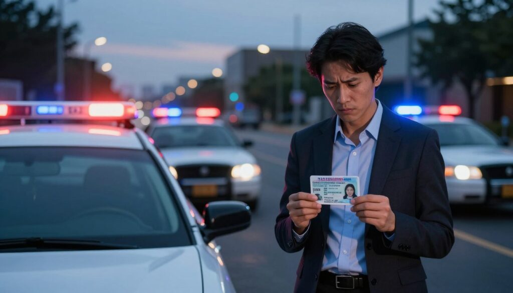 A somber urban street scene at dusk, featuring a parked car with its hazard lights on, symbolizing the severe consequences of driving during a suspension period. In the foreground, a professional-looking individual in business attire stands beside the car, looking distressed while holding a driver’s license with a visible suspension notice. The middle ground features an ominous police car with flashing lights, lurking nearby, emphasizing the legal implications of unlawful driving. The background shows a blurred cityscape with dim streetlights and a moody sky, creating an atmosphere of tension and seriousness. The lighting is low and dramatic, highlighting the individual’s worried expression, while maintaining a focus on the themes of consequence and authority. A somber urban street scene at dusk, featuring a parked car with its hazard lights on, symbolizing the severe consequences of driving during a suspension period. In the foreground, a professional-looking individual in business attire stands beside the car, looking distressed while holding a driver’s license with a visible suspension notice. The middle ground features an ominous police car with flashing lights, lurking nearby, emphasizing the legal implications of unlawful driving. The background shows a blurred cityscape with dim streetlights and a moody sky, creating an atmosphere of tension and seriousness. The lighting is low and dramatic, highlighting the individual’s worried expression, while maintaining a focus on the themes of consequence and authority.