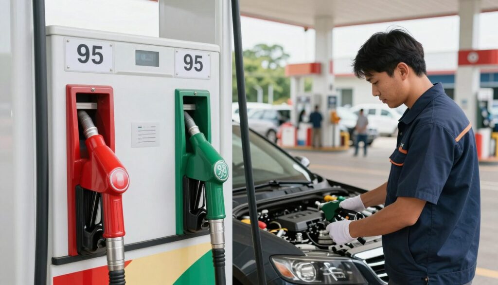 A split image depicting the practical differences between 95 and 98 octane gasoline. In the foreground, two clear fuel dispensers with distinct labels, one marked "95" in a vibrant red and the other "98" in a deep green. The middle ground features a mechanic in professional attire examining a car's engine, highlighting the performance aspects of each fuel type. In the background, a gas station is visible, bustling with vehicles and customers. Soft, natural lighting enhances the scene, creating a balanced atmosphere that reflects the importance of fuel choice. The angle should be slightly elevated, providing a comprehensive view of the dispensers and the mechanic's analysis, making it suitable for illustrative purposes in an article on fuel differences. A split image depicting the practical differences between 95 and 98 octane gasoline. In the foreground, two clear fuel dispensers with distinct labels, one marked "95" in a vibrant red and the other "98" in a deep green. The middle ground features a mechanic in professional attire examining a car's engine, highlighting the performance aspects of each fuel type. In the background, a gas station is visible, bustling with vehicles and customers. Soft, natural lighting enhances the scene, creating a balanced atmosphere that reflects the importance of fuel choice. The angle should be slightly elevated, providing a comprehensive view of the dispensers and the mechanic's analysis, making it suitable for illustrative purposes in an article on fuel differences.