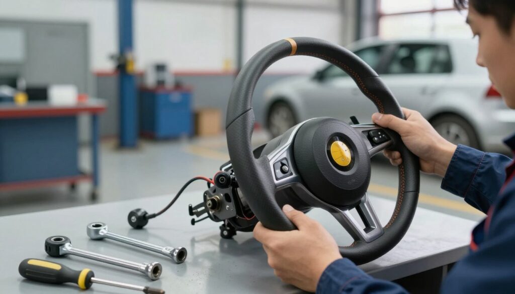 A step-by-step illustration of replacing a steering wheel in a Golf 6, depicted in a gradient of focus. In the foreground, a skilled mechanic wearing professional attire is carefully detaching the old steering wheel, demonstrating precise hand movements. The middle layer features tools like a torque wrench and a screwdriver arranged neatly on a mechanic’s workbench, with the steering column exposed, highlighting its components like wires and fasteners. The background shows a well-lit garage environment with soft, diffused lighting to create a focused atmosphere, showcasing a Golf 6 parked on the right. The camera angle is slightly tilted for a dynamic perspective, emphasizing the details of the steering wheel replacement process. A step-by-step illustration of replacing a steering wheel in a Golf 6, depicted in a gradient of focus. In the foreground, a skilled mechanic wearing professional attire is carefully detaching the old steering wheel, demonstrating precise hand movements. The middle layer features tools like a torque wrench and a screwdriver arranged neatly on a mechanic’s workbench, with the steering column exposed, highlighting its components like wires and fasteners. The background shows a well-lit garage environment with soft, diffused lighting to create a focused atmosphere, showcasing a Golf 6 parked on the right. The camera angle is slightly tilted for a dynamic perspective, emphasizing the details of the steering wheel replacement process.