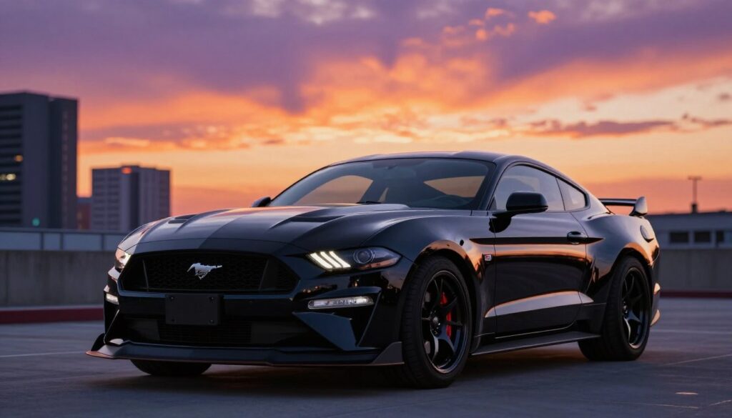 A striking Ford Mustang equipped with an aggressive body kit stands in the foreground, showcasing enhanced features like extended front fenders, a bold front splitter, and side skirts, all with a glossy black finish. The car is positioned at a dynamic angle, emphasizing its muscular stance and aerodynamic lines. In the middle ground, a subtle urban landscape serves as a backdrop, with blurred outlines of modern buildings under a vibrant sunset sky, casting warm hues of orange and purple. The lighting is dramatic, highlighting the contours of the Mustang’s body, creating reflections that amplify its sleek design. The atmosphere is exhilarating, evoking a sense of speed and power, perfect for illustrating the transformation of the Mustang's character through the body kit. A striking Ford Mustang equipped with an aggressive body kit stands in the foreground, showcasing enhanced features like extended front fenders, a bold front splitter, and side skirts, all with a glossy black finish. The car is positioned at a dynamic angle, emphasizing its muscular stance and aerodynamic lines. In the middle ground, a subtle urban landscape serves as a backdrop, with blurred outlines of modern buildings under a vibrant sunset sky, casting warm hues of orange and purple. The lighting is dramatic, highlighting the contours of the Mustang’s body, creating reflections that amplify its sleek design. The atmosphere is exhilarating, evoking a sense of speed and power, perfect for illustrating the transformation of the Mustang's character through the body kit.