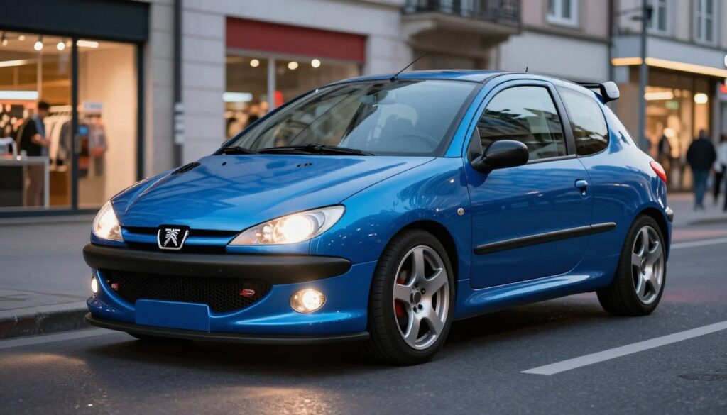 A striking Peugeot 206 featuring an aftermarket body kit, parked in an urban setting. In the foreground, the car showcases a modern aerodynamic front bumper, side skirts, and a rear diffuser, emphasizing a sporty character. The vehicle is painted in a vibrant metallic blue, reflecting the city lights. In the middle ground, sleek alloy wheels and custom headlights add to its aggressive look. The background consists of a bustling cityscape with blurred shopfronts, hinting at places where body kits can be purchased. The scene is illuminated by soft twilight, with a slight lens flare to enhance the dynamic atmosphere, evoking a sense of excitement and adventure in customizing a Peugeot 206. A striking Peugeot 206 featuring an aftermarket body kit, parked in an urban setting. In the foreground, the car showcases a modern aerodynamic front bumper, side skirts, and a rear diffuser, emphasizing a sporty character. The vehicle is painted in a vibrant metallic blue, reflecting the city lights. In the middle ground, sleek alloy wheels and custom headlights add to its aggressive look. The background consists of a bustling cityscape with blurred shopfronts, hinting at places where body kits can be purchased. The scene is illuminated by soft twilight, with a slight lens flare to enhance the dynamic atmosphere, evoking a sense of excitement and adventure in customizing a Peugeot 206.