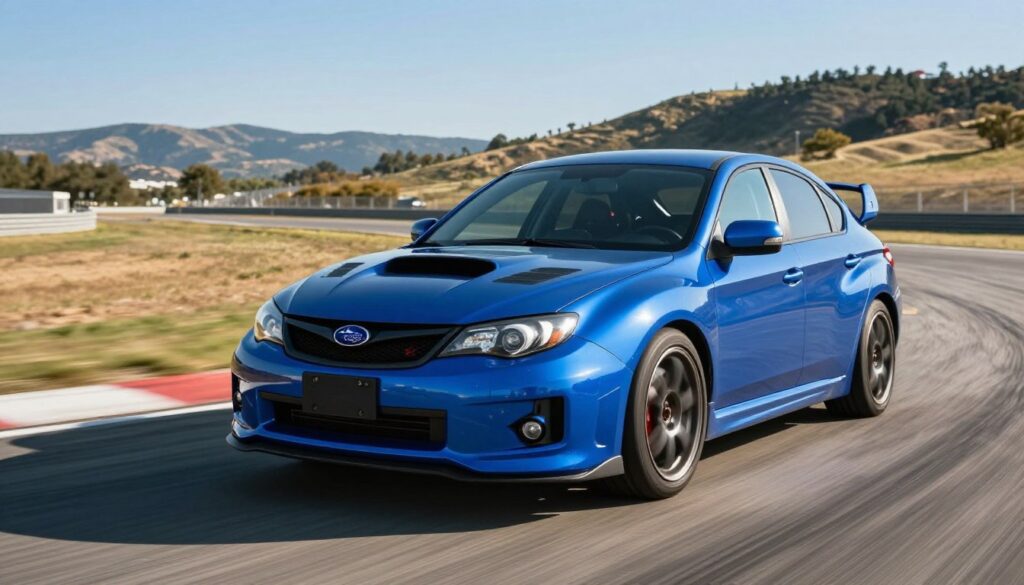 A striking Subaru Impreza WRX, positioned dynamically in the foreground, showcasing its iconic aggressive stance with a glossy blue finish. The car's hood features prominent vents and its sleek lines are highlighted by bright sunlight reflecting off the polished surface. In the middle ground, a racetrack environment enhances the automotive theme with blurred tire marks suggesting high-speed action. The background features a vibrant landscape with distant hills under a clear blue sky, creating a sense of freedom and adventure. The atmosphere is energetic and competitive, evoking the thrill of tuning and racing. The image is captured with a slightly low angle, emphasizing the car's sporty design, while soft sunlight casts dynamic shadows, enhancing the details without overwhelming the scene.