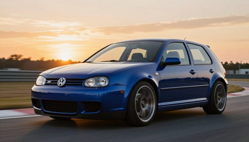A striking image of a Volkswagen Golf R32, showcasing its sporty design with an FRP body kit. The car is positioned prominently in the foreground, highlighting its aerodynamic lines, aggressive front bumper, and distinctive side skirts. Capture the sleek silhouette and iconic blue color of the Golf R32, emphasizing its bold character. In the middle ground, a blurred racetrack adds a dynamic feel, hinting at speed and performance. The background features a vibrant sunset sky, casting warm golden hues over the scene and creating an atmospheric glow. Utilize a low-angle perspective to accentuate the car's stance, with soft, natural lighting that brings out the details of the paint and bodywork. The overall mood should reflect excitement and passion for automotive customization. A striking image of a Volkswagen Golf R32, showcasing its sporty design with an FRP body kit. The car is positioned prominently in the foreground, highlighting its aerodynamic lines, aggressive front bumper, and distinctive side skirts. Capture the sleek silhouette and iconic blue color of the Golf R32, emphasizing its bold character. In the middle ground, a blurred racetrack adds a dynamic feel, hinting at speed and performance. The background features a vibrant sunset sky, casting warm golden hues over the scene and creating an atmospheric glow. Utilize a low-angle perspective to accentuate the car's stance, with soft, natural lighting that brings out the details of the paint and bodywork. The overall mood should reflect excitement and passion for automotive customization.