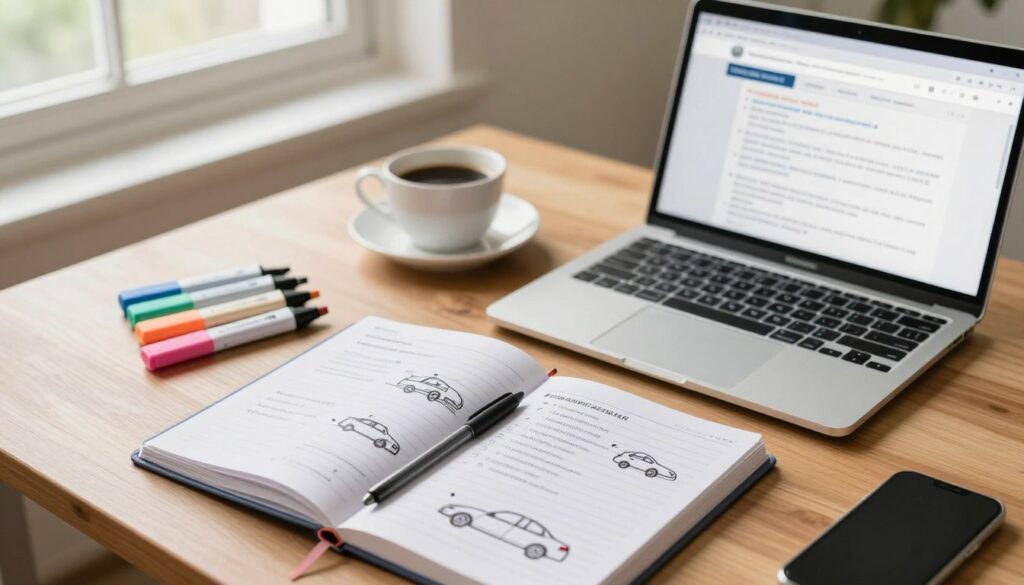A structured study plan for driving theory, depicted on a wooden desk. In the foreground, a neatly organized planner or notebook open to a page with bullet points and diagrams illustrating the steps to learn driving theory. Nearby, a laptop with a website open displaying driving rules and regulations. In the middle, a cup of coffee sits beside a set of colored highlighters, emphasizing a focused study session. In the background, a soft focus of a window with natural light streaming in, creating an inviting atmosphere that encourages learning. The mood is motivated and productive, ideal for anyone striving to master driving theory. Use bright, warm lighting, and a top-down angle that captures the entire scene without any text or distractions.