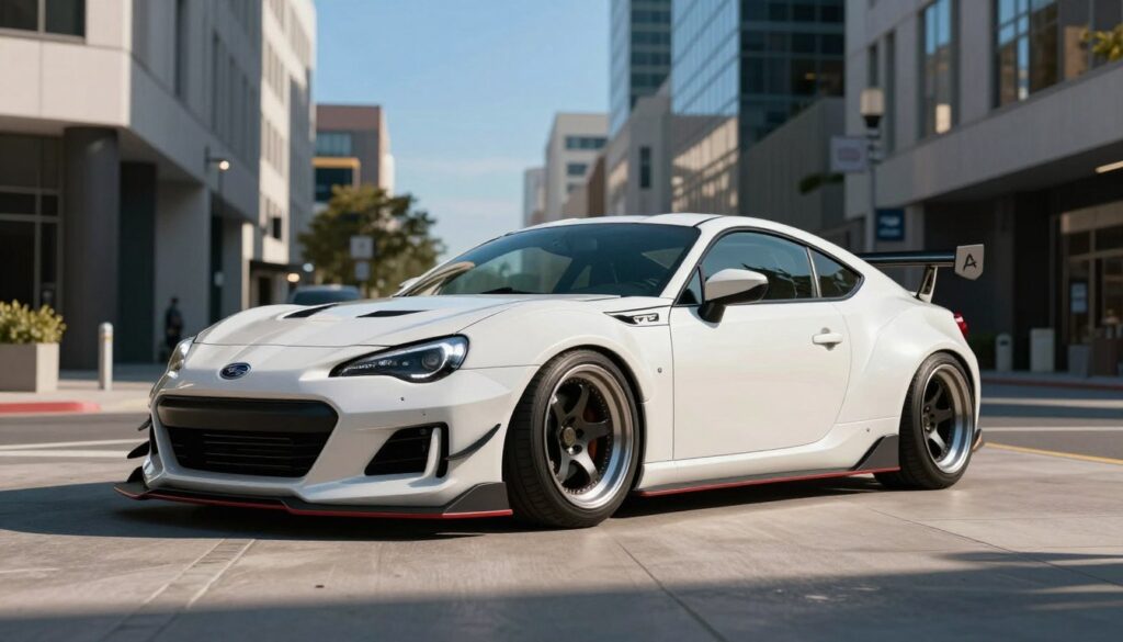 A stunning Subaru BRZ widebody with an aggressive stance, showcasing its sporty silhouette enhanced by an aftermarket body kit. The vehicle is set against an urban backdrop, featuring sleek, modern buildings and a clear blue sky. In the foreground, emphasize the wide fenders, lowered suspension, and prominent side skirts of the BRZ, with dramatic lighting highlighting the contours and curves of the car. The middle ground captures the car in a dynamic angle, accentuating the extended wheelbase and wider tires. In the background, ambient street elements blend seamlessly, contributing to a vibrant yet sophisticated atmosphere. The scene is illuminated with soft sunlight, creating shadows that enhance the car's fierce appearance.