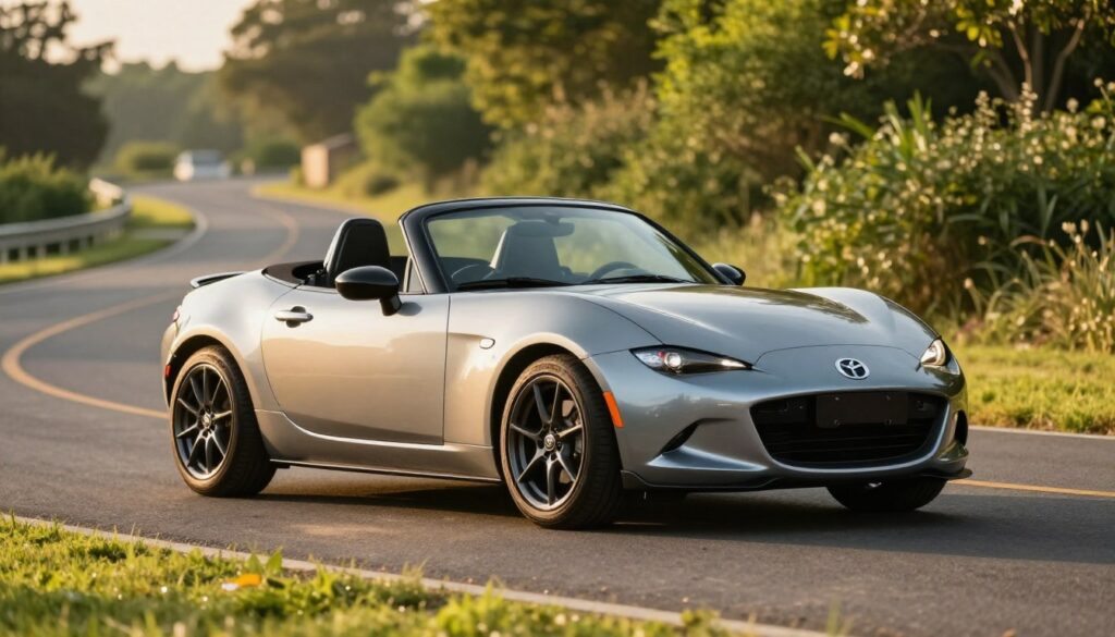A stylish Mazda MX-5 roadster is parked in a picturesque outdoor setting, showcasing an ideal body kit that enhances its sleek lines and sporty aesthetics. The foreground features the car angled slightly to the right, emphasizing its curves and modern body kit details, with subtle reflections on its polished surface. In the middle ground, a blurred backdrop of lush greenery and a winding road creates a serene atmosphere, evoking a sense of adventure. The lighting is warm and golden, capturing a late afternoon sun that casts soft shadows and highlights the car's design. The composition is framed with a wide-angle lens for depth, inviting the viewer to appreciate the beauty of the Mazda MX-5 generations: NA, NB, NC, and ND. The image conveys an inviting, dynamic mood perfect for automotive enthusiasts.