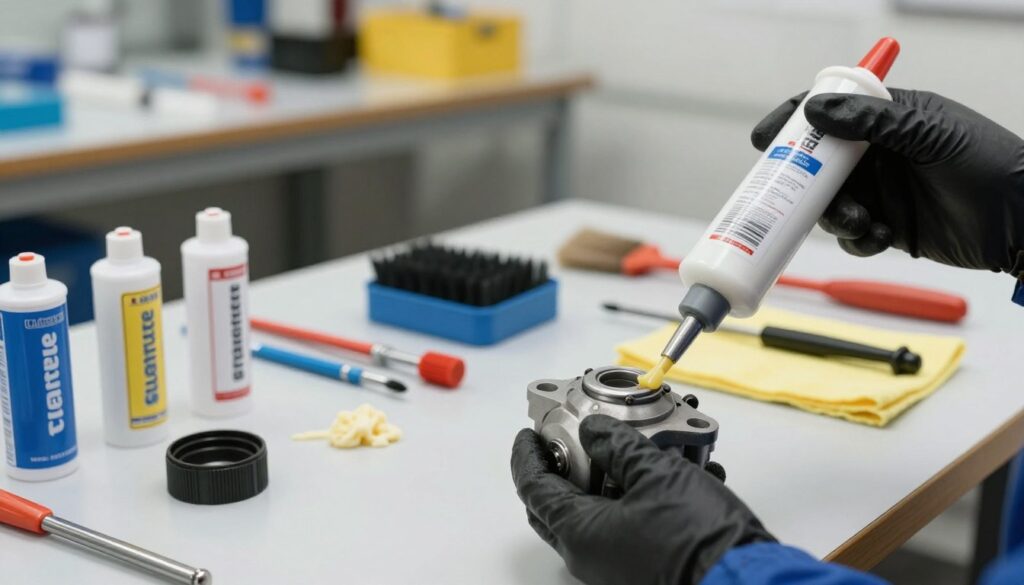 A technical and detailed workspace scene showcasing the application of starter grease. In the foreground, a gloved hand uses a precision applicator to neatly apply grease to a starter motor component, ensuring even distribution. The middle of the image features a well-organized toolset, including grease cartridges, brushes, and cleaning cloths, emphasizing meticulous preparation. The background reveals a clean, illuminated workshop with workbenches and tools arranged methodically, creating a professional atmosphere. Soft, bright lighting highlights the textures of the grease and components, while a shallow depth of field focuses on the application process, conveying a sense of precision and care. The overall mood is one of concentration and professionalism, suitable for a detailed technical guide. A technical and detailed workspace scene showcasing the application of starter grease. In the foreground, a gloved hand uses a precision applicator to neatly apply grease to a starter motor component, ensuring even distribution. The middle of the image features a well-organized toolset, including grease cartridges, brushes, and cleaning cloths, emphasizing meticulous preparation. The background reveals a clean, illuminated workshop with workbenches and tools arranged methodically, creating a professional atmosphere. Soft, bright lighting highlights the textures of the grease and components, while a shallow depth of field focuses on the application process, conveying a sense of precision and care. The overall mood is one of concentration and professionalism, suitable for a detailed technical guide.