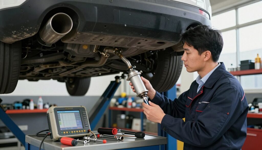 A technical automotive workshop scene showcasing a mechanic inspecting a vehicle's exhaust system. In the foreground, a focused mechanic dressed in a professional business attire examines a DPF (Diesel Particulate Filter) with various hand tools at their side. The middle ground features a vehicle lifted on a hydraulic jack, exposing its undercarriage, where the DPF is located. Tools and diagnostic equipment are strategically placed on a nearby workbench, enhancing the sense of a busy working environment. The background includes shelves lined with automotive parts and a large, illuminated window casting soft, natural light over the scene, creating a collaborative and industrious atmosphere. Emphasize clarity and detail in the mechanic's expression as they work diligently, reflecting the significance of DPF presence verification methods. A technical automotive workshop scene showcasing a mechanic inspecting a vehicle's exhaust system. In the foreground, a focused mechanic dressed in a professional business attire examines a DPF (Diesel Particulate Filter) with various hand tools at their side. The middle ground features a vehicle lifted on a hydraulic jack, exposing its undercarriage, where the DPF is located. Tools and diagnostic equipment are strategically placed on a nearby workbench, enhancing the sense of a busy working environment. The background includes shelves lined with automotive parts and a large, illuminated window casting soft, natural light over the scene, creating a collaborative and industrious atmosphere. Emphasize clarity and detail in the mechanic's expression as they work diligently, reflecting the significance of DPF presence verification methods.