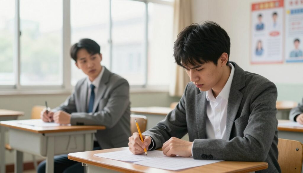 A tense examination scene in a bright, well-lit classroom with a large window allowing natural light to fill the space. In the foreground, a nervous young adult, dressed in smart casual attire, sits at a wooden desk with papers scattered around, their hands gripping a pencil tightly. Their anxious expression captures the stress of taking a driving test. In the middle ground, a stern but encouraging instructor observes intently from another desk, representing authority and support. In the background, motivational posters about stress management techniques are visible on the walls. The atmosphere is a mix of tension and hope, emphasizing the struggle and resilience during exam preparation. Soft focus enhances the feeling of anxiety, while warm lighting creates an inviting yet stressful setting.
