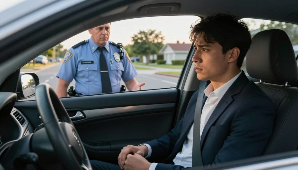 A thoughtful scene depicting a passenger in a car, focused on their expression of concern after being pulled over by a police officer for not wearing a seatbelt. In the foreground, the passenger, a young adult in professional business attire, is seated in the passenger seat, hands resting nervously in their lap. The middle ground features a police officer standing by the driver's side, with a concerned look, gesturing towards the passenger. The background showcases a suburban road setting with trees lining the street and a distant view of houses. The lighting is soft and natural, simulating late afternoon sunlight, creating a tense yet realistic atmosphere. The camera angle captures the expressions of both the passenger and the officer, emphasizing the seriousness of the situation. A thoughtful scene depicting a passenger in a car, focused on their expression of concern after being pulled over by a police officer for not wearing a seatbelt. In the foreground, the passenger, a young adult in professional business attire, is seated in the passenger seat, hands resting nervously in their lap. The middle ground features a police officer standing by the driver's side, with a concerned look, gesturing towards the passenger. The background showcases a suburban road setting with trees lining the street and a distant view of houses. The lighting is soft and natural, simulating late afternoon sunlight, creating a tense yet realistic atmosphere. The camera angle captures the expressions of both the passenger and the officer, emphasizing the seriousness of the situation.