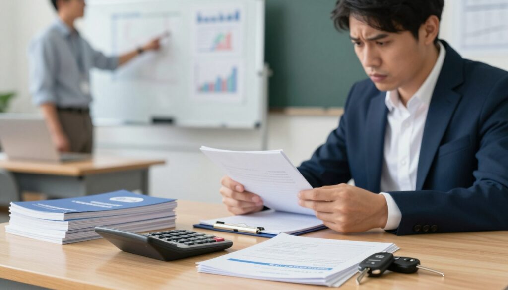 A thoughtful visual representation of hidden costs associated with driving courses. In the foreground, a calculator rests on a wooden desk, surrounded by a stack of driving manuals and a set of car keys. The middle ground features a person in professional business attire, looking concerned as they examine hidden expenses on a notepad. In the background, a blurred classroom scene shows a driving instructor pointing at a whiteboard filled with graphs and figures. Soft, diffused lighting creates an informative and contemplative atmosphere, highlighting the complexities and unexpected expenses that come with obtaining a driver's license. The angle of the image is slightly elevated, allowing for a clear view of all elements while maintaining focus on the person’s expression.