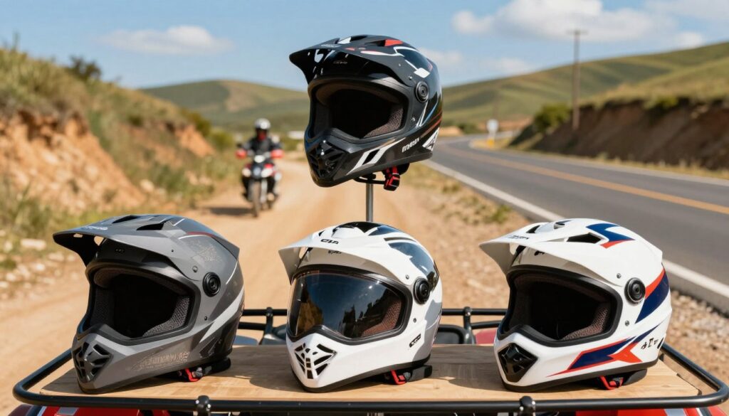 A vibrant and dynamic scene showcasing various types of quad helmets designed for women, reflecting different riding styles: off-road, touring, and street. In the foreground, display three distinct helmets on stands; an off-road helmet with a rugged, aerodynamic design, a sleek touring helmet featuring a visor for clear visibility, and a stylish street helmet with bold graphics. The middle ground features a scenic dirt path for off-road riding, gently rolling hills for touring, and a smooth asphalt road representing public streets. In the background, a bright blue sky complements the lively atmosphere. The lighting is warm and natural, creating a sense of adventure and safety. The composition should be clear and engaging, inviting the viewer to explore the world of quad helmets. A vibrant and dynamic scene showcasing various types of quad helmets designed for women, reflecting different riding styles: off-road, touring, and street. In the foreground, display three distinct helmets on stands; an off-road helmet with a rugged, aerodynamic design, a sleek touring helmet featuring a visor for clear visibility, and a stylish street helmet with bold graphics. The middle ground features a scenic dirt path for off-road riding, gently rolling hills for touring, and a smooth asphalt road representing public streets. In the background, a bright blue sky complements the lively atmosphere. The lighting is warm and natural, creating a sense of adventure and safety. The composition should be clear and engaging, inviting the viewer to explore the world of quad helmets.