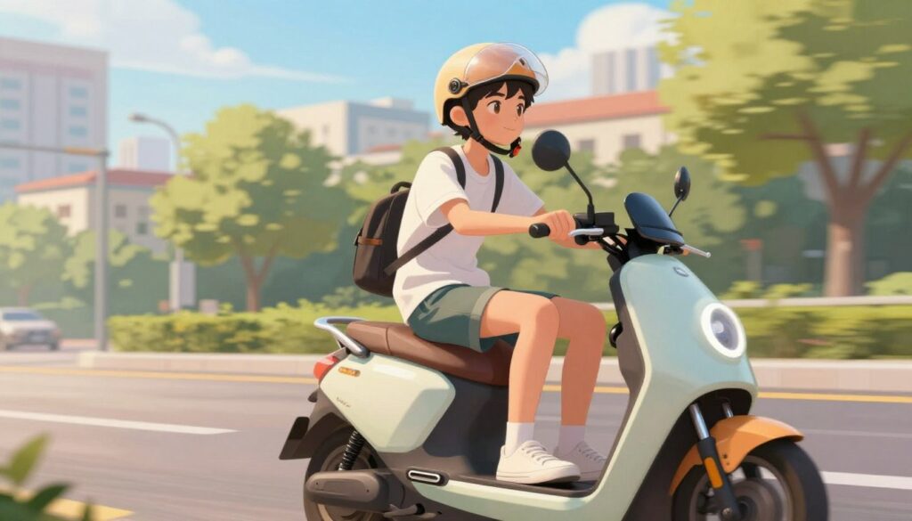 A vibrant illustration of a young adult, around 16 years old, confidently riding a scooter in a sunny urban setting. The foreground features the scooter in detail, showcasing its sleek design and vibrant color. In the middle ground, the young rider wears a stylish, modest casual outfit, complete with a helmet for safety, to reflect responsible behavior. The background includes a cityscape with trees and buildings under a clear blue sky, creating a lively atmosphere. The lighting is warm and bright, emphasizing the excitement of youth and freedom. The angle is dynamic, capturing the action of the ride, highlighting the joy and independence that comes with reaching the appropriate age to ride a scooter. A vibrant illustration of a young adult, around 16 years old, confidently riding a scooter in a sunny urban setting. The foreground features the scooter in detail, showcasing its sleek design and vibrant color. In the middle ground, the young rider wears a stylish, modest casual outfit, complete with a helmet for safety, to reflect responsible behavior. The background includes a cityscape with trees and buildings under a clear blue sky, creating a lively atmosphere. The lighting is warm and bright, emphasizing the excitement of youth and freedom. The angle is dynamic, capturing the action of the ride, highlighting the joy and independence that comes with reaching the appropriate age to ride a scooter.