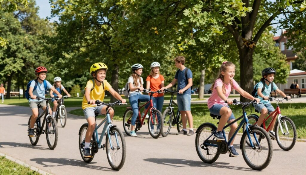 A vibrant outdoor scene depicting a diverse group of children and teenagers engaging in a cycling activity in a park in Poland. In the foreground, two children, a boy and a girl, wearing modest, colorful casual clothing, are happily riding their bicycles. In the middle ground, a few teenagers are gathered, discussing cycling safety and sharing tips, all dressed appropriately for an active day out. The background features lush green trees and a clear blue sky, with sunlight filtering through the leaves, casting playful shadows on the ground. The overall mood is cheerful and energetic, reflecting a sense of community and youth engagement in cycling. The scene captures the spirit of youth and outdoor activity, inviting the viewer into a wholesome atmosphere.