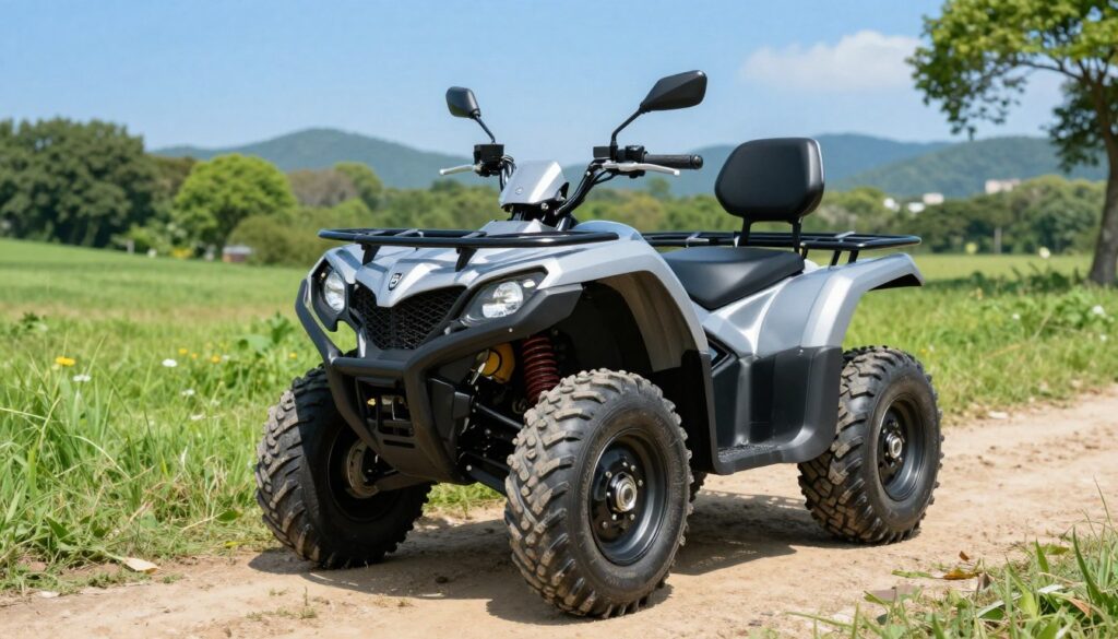 A vibrant outdoor scene showcasing a modern 125cc quad bike parked on a dirt path, surrounded by lush greenery and a clear blue sky. In the foreground, the quad is detailed with shiny metallic elements, showcasing its sleek design and rugged tires, emphasizing its capability for off-road adventure. In the middle ground, a well-maintained grassy area features a subtle hint of different price tags attached to the quad, symbolizing the budget options. In the background, distant hills and trees create an inviting and adventurous atmosphere. The lighting is bright and cheerful, capturing the essence of a perfect day for riding. The angle is slightly low, making the quad appear impressive and robust, appealing to adults looking for a practical yet thrilling choice in their daily lives.