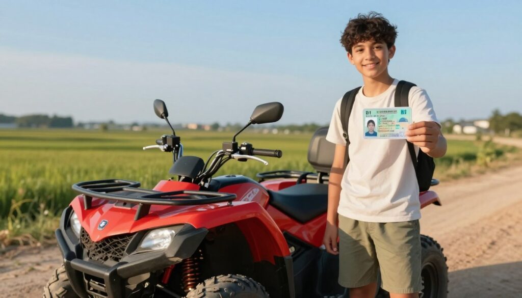 A vibrant scene depicting a teenager confidently holding a B1 and B driving license, standing next to an all-terrain quad bike in an outdoor setting. The foreground showcases the license with clear details like the driver's photo and information, while the teenager is dressed in casual, modest clothing, smiling proudly. In the middle ground, the quad bike is positioned at a slight angle, demonstrating its rugged design and vibrant colors. The background features a scenic landscape with green fields and a clear blue sky, evoking a sense of freedom and adventure. The lighting is warm and inviting, creating a cheerful atmosphere, with soft shadows enhancing the details of the scene. Focused shot with a slight depth effect to emphasize the licenses and the rider. A vibrant scene depicting a teenager confidently holding a B1 and B driving license, standing next to an all-terrain quad bike in an outdoor setting. The foreground showcases the license with clear details like the driver's photo and information, while the teenager is dressed in casual, modest clothing, smiling proudly. In the middle ground, the quad bike is positioned at a slight angle, demonstrating its rugged design and vibrant colors. The background features a scenic landscape with green fields and a clear blue sky, evoking a sense of freedom and adventure. The lighting is warm and inviting, creating a cheerful atmosphere, with soft shadows enhancing the details of the scene. Focused shot with a slight depth effect to emphasize the licenses and the rider.