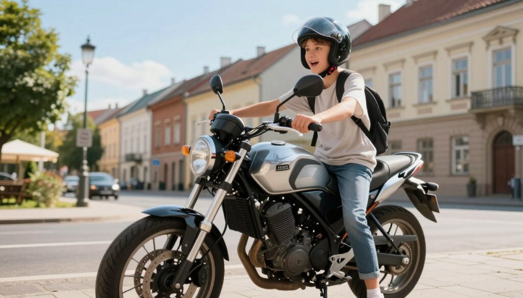 A vibrant scene depicting a young person, around 16 years old, standing beside a stylish 125cc motorcycle in Poland. The foreground features the enthusiastic teenager in a modest, casual outfit, wearing a protective helmet, looking excited about their new motorcycle license. In the middle, the motorcycle gleams in the sunlight, showcasing its modern design and sleek features. The background captures a bustling city street in Poland, with recognizable architecture and greenery, under clear blue skies. Soft, warm lighting enhances the sense of adventure and freedom associated with riding a motorbike. The angle of the shot is slightly low, emphasizing the motorcycle and the joyful expression of the teenager, conveying a hopeful and adventurous mood.