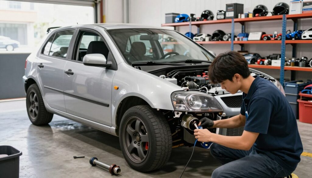 A vibrant scene showcasing a budget car undergoing modifications in a well-lit garage. In the foreground, a young mechanic, dressed in smart casual attire, is focused on tuning the car's engine, surrounded by various tools and spare parts. The middle of the image features a compact hatchback, emphasizing its potential for customization with visible aftermarket parts like a sporty exhaust and upgraded suspension. In the background, shelves are lined with car parts and accessories, hinting at the variety available for budget builds. The lighting is bright and inviting, with reflections highlighting the car's lines, creating a motivational atmosphere. A slight angle captures the action without overwhelming the viewer, aiming to inspire car enthusiasts looking for affordable tuning options.