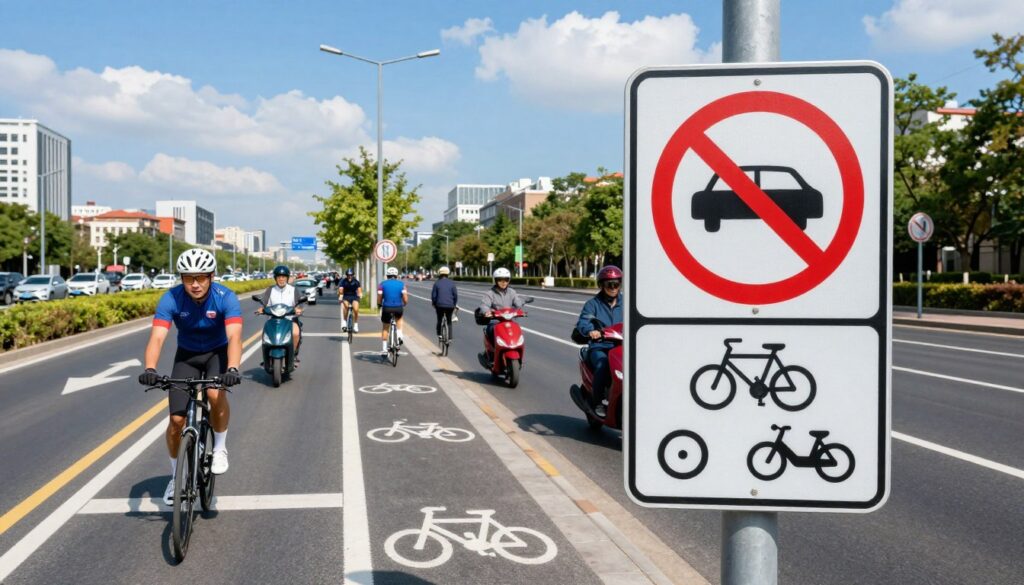 A vibrant urban scene depicting a traffic control setup illustrating road traffic rules. In the foreground, a clear traffic sign indicating bicycle and moped regulations, prominently featuring a no-entry symbol for certain vehicles on bike paths. In the middle ground, a well-used bike lane alongside a road, showcasing cyclists in professional attire and a few mopeds positioned at a safe distance. The background features bustling city buildings and a bright blue sky with soft clouds. The lighting is bright and natural, suggesting a sunny day. The composition uses a slightly elevated angle, allowing for a comprehensive view of the traffic setup and contributing to an informative and professional atmosphere.