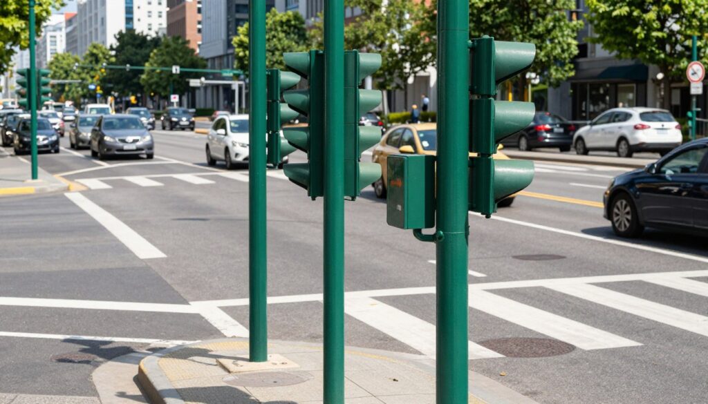 A vibrant urban scene featuring green traffic poles prominently displayed at a busy intersection. In the foreground, focus on the sleek, reflective surfaces of the green poles, signaling directions and warnings to drivers. The middle ground showcases a carefully designed intersection with clearly marked lanes, cars maneuvering around, and a pedestrian crossing. In the background, a bustling cityscape with modern buildings and trees adds depth and context. The lighting is bright and natural, suggesting a sunny day, casting soft shadows that enhance the poles' colors. Capture the mood of a dynamic, active environment where drivers attentively interpret the signals. The angle should provide a slightly elevated view, emphasizing the relationship between the poles and the road users.