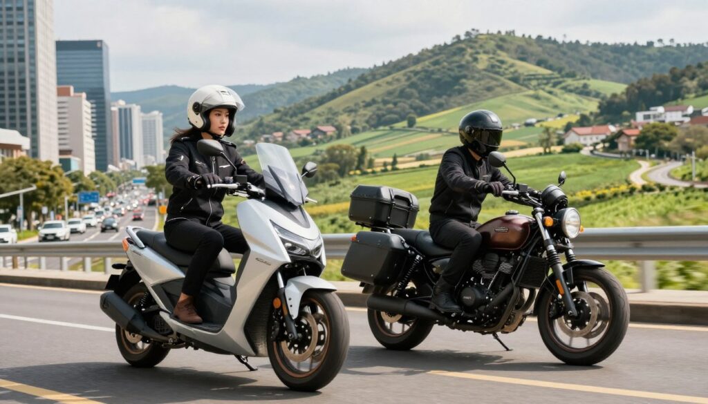 A vibrant urban scene featuring two motorcycles suitable for city and country riding. In the foreground, a sleek, modern motorcycle designed for city commuting, showcasing its agility and compact size, with a rider dressed in a stylish yet professional outfit. Next to it, a rugged touring motorcycle, ideal for long rides outside the city, featuring saddlebags and a raised stance, set against a backdrop of rolling hills. The middle ground includes a bustling cityscape with skyscrapers and busy streets on one side, contrasting with the serene countryside on the other, adorned with green fields and winding roads. The lighting is bright and inviting, capturing the essence of both urban and rural environments. The angle is slightly low, giving a dynamic perspective of the motorcycles in their respective settings. A vibrant urban scene featuring two motorcycles suitable for city and country riding. In the foreground, a sleek, modern motorcycle designed for city commuting, showcasing its agility and compact size, with a rider dressed in a stylish yet professional outfit. Next to it, a rugged touring motorcycle, ideal for long rides outside the city, featuring saddlebags and a raised stance, set against a backdrop of rolling hills. The middle ground includes a bustling cityscape with skyscrapers and busy streets on one side, contrasting with the serene countryside on the other, adorned with green fields and winding roads. The lighting is bright and inviting, capturing the essence of both urban and rural environments. The angle is slightly low, giving a dynamic perspective of the motorcycles in their respective settings.