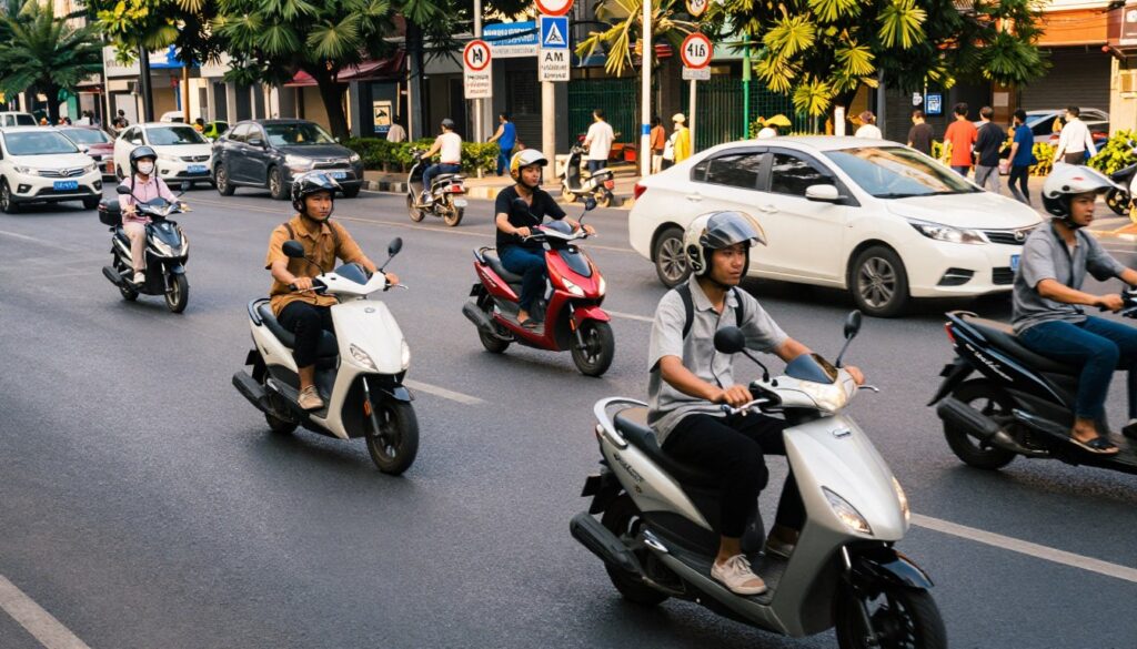 A vibrant urban street scene depicting various vehicles allowed under the AM license, prominently showcasing mopeds and scooters navigating through traffic. In the foreground, a young adult wearing a helmet and modest casual clothing rides a stylish scooter, demonstrating safe riding practices. The middle ground features diverse motorcycles and small electric bikes, while a traffic sign indicating "AM Vehicles Allowed" adds context. The background includes a bustling cityscape with pedestrians and trees, illuminated by warm afternoon sunlight, creating a dynamic yet organized atmosphere. The perspective is slightly elevated, resembling a wide-angle shot that captures the essence of urban mobility and road safety regulations.