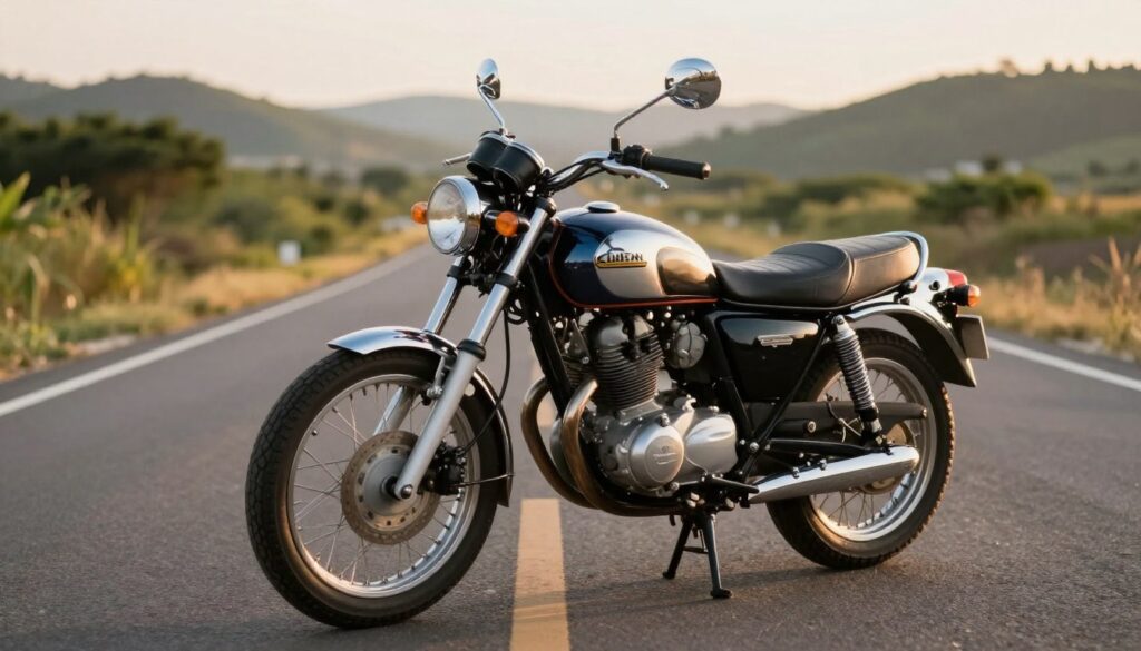 A vintage motorcycle, symbolizing the concept of a first bike, stands prominently in the foreground. The sleek lines of the bike are highlighted, showcasing its shiny chrome details and classic design, with a warm light reflecting off its surfaces. In the middle ground, a road stretches into the distance, suggesting adventure and freedom. On either side of the road, greenery and gentle hills create a serene backdrop, hinting at beginner rides in nature. The scene is bathed in soft, golden hour light, evoking a sense of nostalgia and excitement. The mood is hopeful and inviting, perfect for someone contemplating their first motorcycle experience. The image should be captured at a slight angle to emphasize the motorcycle's features and the open road ahead. A vintage motorcycle, symbolizing the concept of a first bike, stands prominently in the foreground. The sleek lines of the bike are highlighted, showcasing its shiny chrome details and classic design, with a warm light reflecting off its surfaces. In the middle ground, a road stretches into the distance, suggesting adventure and freedom. On either side of the road, greenery and gentle hills create a serene backdrop, hinting at beginner rides in nature. The scene is bathed in soft, golden hour light, evoking a sense of nostalgia and excitement. The mood is hopeful and inviting, perfect for someone contemplating their first motorcycle experience. The image should be captured at a slight angle to emphasize the motorcycle's features and the open road ahead.