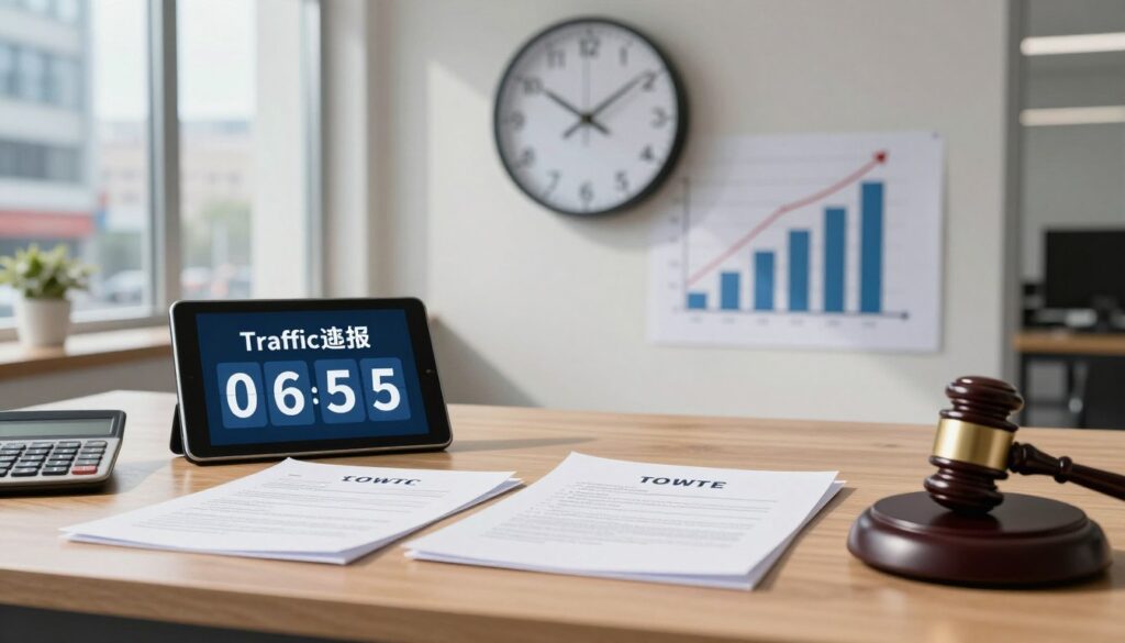 A visual representation of a stern, modern office setting reflecting the theme of traffic violations and penalties. In the foreground, a wooden desk is cluttered with official documents and a digital tablet displaying a countdown timer, symbolizing urgency. The middle ground features a large clock on the wall showing the passage of time, with a visual graph illustrating increasing penalty points next to it. The background presents a window with a blurred cityscape, hinting at busy streets. The lighting is bright and focused, casting shadows to create a serious atmosphere. The scene is devoid of any people but includes elements like a gavel and a calculator, emphasizing the legal implications of delays in fine payments.