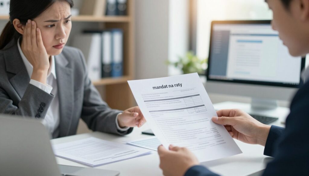 A visually engaging image depicting a financial consultation scene focused on the topic of "mandat na raty." In the foreground, a well-dressed professional (male or female) sits at a desk, reviewing documents related to payment plans with a concerned expression, symbolizing the process of making payments in installments. In the middle ground, neatly organized papers such as forms and payment plans are spread out, highlighting the necessary paperwork. In the background, a softly blurred modern office setting creates a professional atmosphere, with shelves of financial books and a computer displaying relevant information. Natural light filters in through a window, casting a warm glow, conveying a sense of clarity and hopefulness in managing financial obligations. The overall mood should be serious yet optimistic, emphasizing the importance of financial planning. A visually engaging image depicting a financial consultation scene focused on the topic of "mandat na raty." In the foreground, a well-dressed professional (male or female) sits at a desk, reviewing documents related to payment plans with a concerned expression, symbolizing the process of making payments in installments. In the middle ground, neatly organized papers such as forms and payment plans are spread out, highlighting the necessary paperwork. In the background, a softly blurred modern office setting creates a professional atmosphere, with shelves of financial books and a computer displaying relevant information. Natural light filters in through a window, casting a warm glow, conveying a sense of clarity and hopefulness in managing financial obligations. The overall mood should be serious yet optimistic, emphasizing the importance of financial planning.