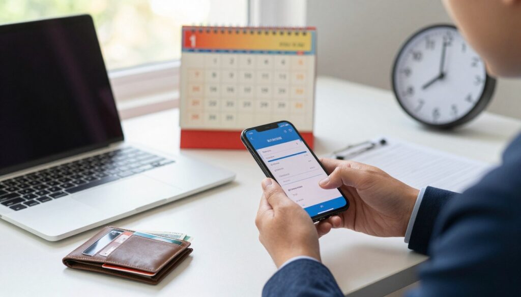 A visually engaging scene depicting the process of paying a traffic ticket. In the foreground, a well-dressed person holding a smartphone displaying a mobile banking app with a ticket in the other hand. The middle layer features a modern desk with a laptop, an open wallet showing various payment cards, and a small stack of cash. In the background, a colorful calendar showing payment deadlines and a clock emphasizing time management. Soft, natural lighting filters in from a nearby window, creating a warm atmosphere. The setting is tidy and professional, suggesting an organized approach to managing finances. The overall mood is calm and focused, ideal for illustrating the step-by-step process of paying a fine.