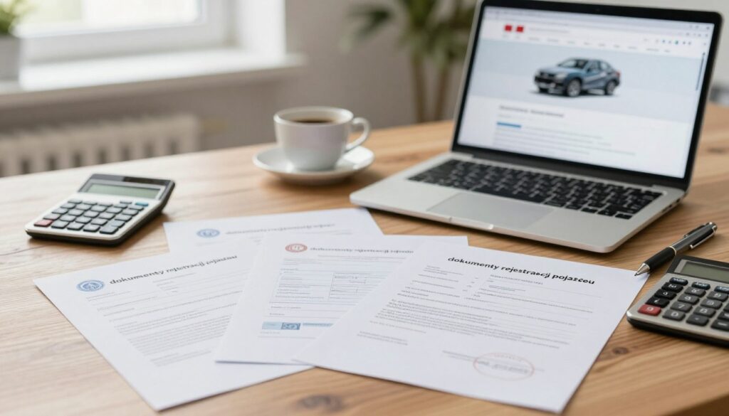 A visually informative scene depicting various "dokumenty rejestracji pojazdu" (vehicle registration documents) organized neatly on a wooden desk. In the foreground, a close-up of documents featuring official stamps and signatures, including forms for national and imported vehicles. A pen and a small calculator are placed beside the documents, suggesting a businesslike atmosphere. In the middle ground, a laptop is open, displaying a website about vehicle registration in Poland, while a cup of coffee adds a casual touch. The background features a blurred office setting, emphasizing a professional mood with soft, natural light coming from a window, giving a warm, inviting feel to the space. The image should evoke a sense of diligence and organization, perfect for illustrating the formalities of quad registration. A visually informative scene depicting various "dokumenty rejestracji pojazdu" (vehicle registration documents) organized neatly on a wooden desk. In the foreground, a close-up of documents featuring official stamps and signatures, including forms for national and imported vehicles. A pen and a small calculator are placed beside the documents, suggesting a businesslike atmosphere. In the middle ground, a laptop is open, displaying a website about vehicle registration in Poland, while a cup of coffee adds a casual touch. The background features a blurred office setting, emphasizing a professional mood with soft, natural light coming from a window, giving a warm, inviting feel to the space. The image should evoke a sense of diligence and organization, perfect for illustrating the formalities of quad registration.