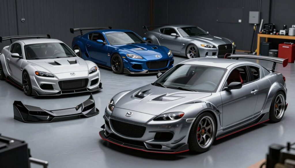 A visually striking composition showcasing various types of body kits designed for the Mazda RX-8, arranged in a well-lit automotive studio setting. In the foreground, prominently display an RX-8 featuring a sleek, aggressive body kit with a lowered stance, sporty bumpers, and stylish side skirts. In the middle ground, present a selection of different body kits with diverse designs—some focusing on aerodynamics, others with a classic muscle aesthetic. Reflective surfaces and smooth curves highlight the kits' features. In the background, softly blurred automotive tools and equipment hint at a professional workshop atmosphere. Use dramatic, focused lighting to enhance the contours and details of the body kits, creating a sophisticated and energetic mood that appeals to car enthusiasts.