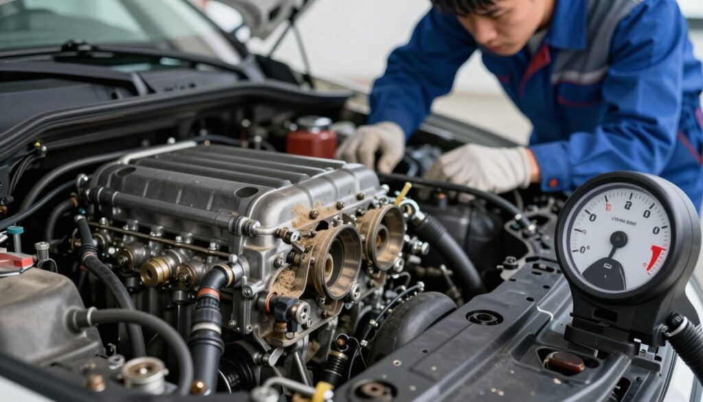 A visually striking image illustrating increased fuel consumption due to a gummed throttle body. In the foreground, a car’s dashboard is prominently displayed, with the fuel gauge showing a marked decline, symbolizing the issue. The middle ground features a close-up of an engine bay, focusing on a dirty throttle body partially obscured by dust and grime. In the background, a mechanic is inspecting the engine, dressed in professional work attire, conveying a sense of urgency and expertise. The lighting is bright and clinical, highlighting the details of the engine components, while the mood is serious and focused, reflecting the concerns over engine performance and fuel efficiency. The angle is slightly elevated, capturing the engine and dashboard in one cohesive frame. A visually striking image illustrating increased fuel consumption due to a gummed throttle body. In the foreground, a car’s dashboard is prominently displayed, with the fuel gauge showing a marked decline, symbolizing the issue. The middle ground features a close-up of an engine bay, focusing on a dirty throttle body partially obscured by dust and grime. In the background, a mechanic is inspecting the engine, dressed in professional work attire, conveying a sense of urgency and expertise. The lighting is bright and clinical, highlighting the details of the engine components, while the mood is serious and focused, reflecting the concerns over engine performance and fuel efficiency. The angle is slightly elevated, capturing the engine and dashboard in one cohesive frame.