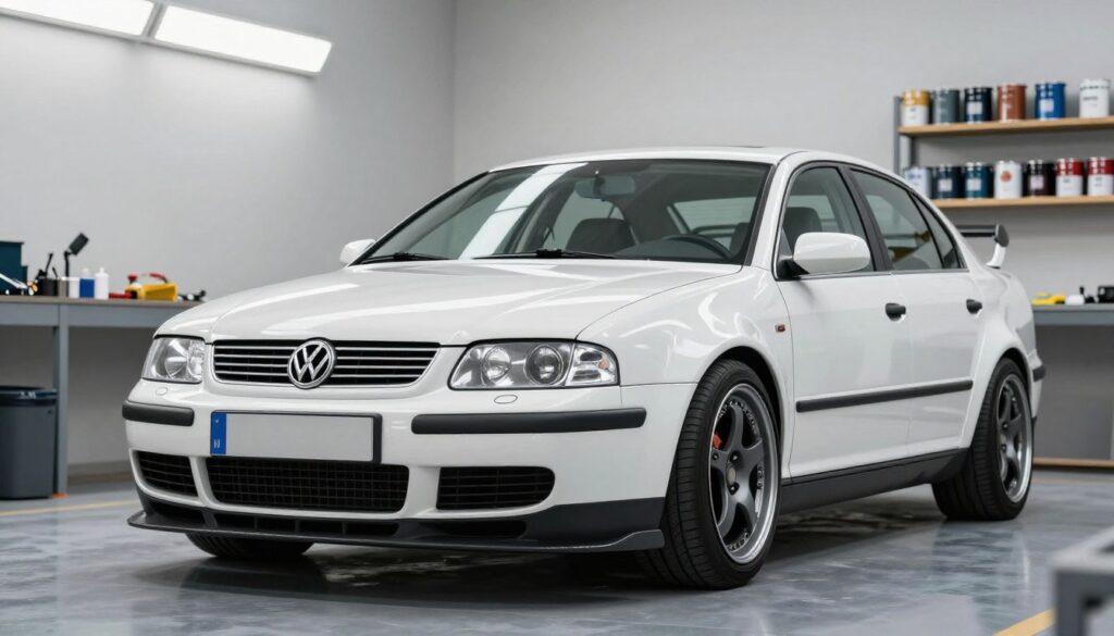 A visually striking representation of a Passat B5 car equipped with a stylish body kit. In the foreground, the modified vehicle showcases a sleek, sporty design with an enhanced front bumper, side skirts, and a rear spoiler, all painted in a glossy finish. The middle ground features a well-lit workshop environment with tools and equipment subtly arranged, emphasizing the installation aspect. In the background, there are partially visible shelves filled with paint cans, hinting at the bodywork and painting process. The scene is illuminated with bright, natural lighting from overhead fixtures, creating a clean, professional atmosphere. Capture the mood of innovation and craftsmanship while maintaining a focus on the aesthetic appeal of the car customization in Polish automotive culture.