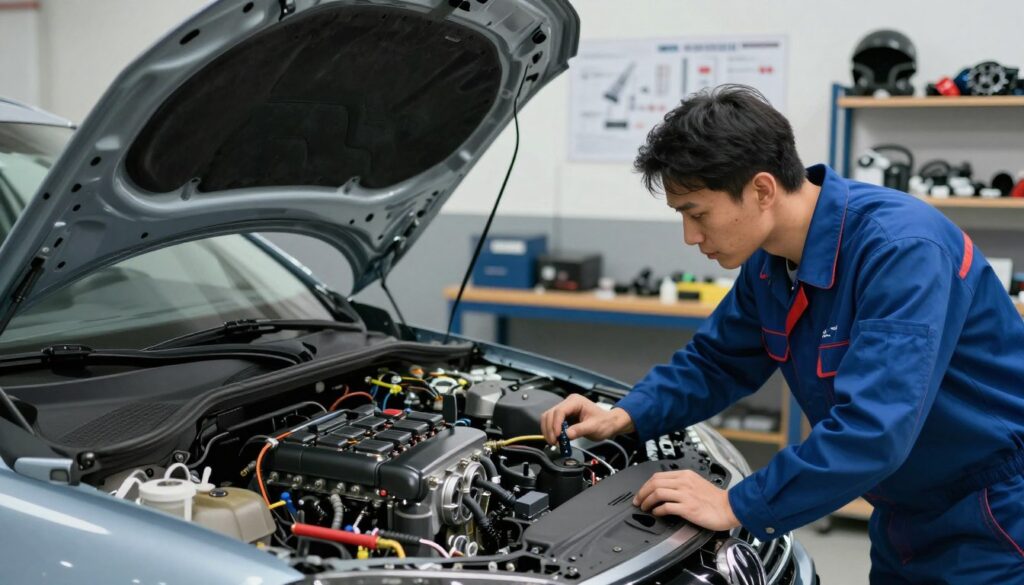 A visually striking representation of hidden costs related to "chip tuning" for a 2.0 TDI car. In the foreground, a mechanic in professional attire examines an open car hood with an intense focus, surrounded by various components and tools indicating complex tuning processes. In the middle, highlight a partially visible engine with visible tuning modifications, showcasing details like tuning chips and wiring. The background features a workshop setting with shelves holding performance parts and diagrams related to tuning. Use soft, diffused lighting to emphasize the mechanics' concentration while casting gentle shadows, creating a serious, informative atmosphere. The color palette should incorporate technological blues and grays, suggesting a professional environment without distractions or text overlay. A visually striking representation of hidden costs related to "chip tuning" for a 2.0 TDI car. In the foreground, a mechanic in professional attire examines an open car hood with an intense focus, surrounded by various components and tools indicating complex tuning processes. In the middle, highlight a partially visible engine with visible tuning modifications, showcasing details like tuning chips and wiring. The background features a workshop setting with shelves holding performance parts and diagrams related to tuning. Use soft, diffused lighting to emphasize the mechanics' concentration while casting gentle shadows, creating a serious, informative atmosphere. The color palette should incorporate technological blues and grays, suggesting a professional environment without distractions or text overlay.