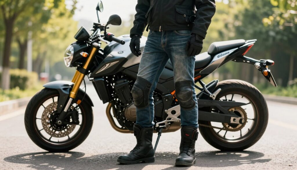 A well-dressed motorcycle passenger is standing next to a parked motorcycle in a sunny outdoor setting. In the foreground, focus on the passenger's outfit: sturdy, stylish riding boots, reinforced jeans, a protective but fashionable jacket, and a securely fastened helmet. The midsection features the motorcycle, showcasing its sleek design and chrome details. In the background, a scenic road and lush greenery hint at the adventure ahead. Soft sunlight filters through the trees, creating a warm, inviting atmosphere. The angle is slightly low, emphasizing the passenger's confident stance and the motorcycle’s dynamic lines. The overall mood is energetic and adventurous, radiating safety and comfort for motorcycle rides.