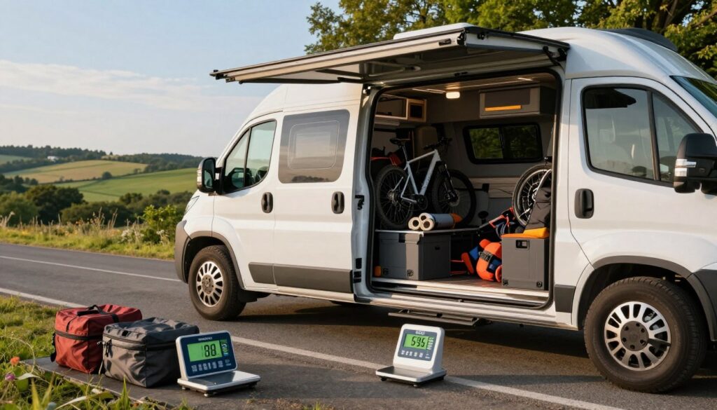 A well-equipped camper van parked on a scenic roadside, showcasing its spacious cargo area filled with outdoor equipment like bicycles and camping gear. In the foreground, a digital scale weighs luggage, symbolizing the importance of weight limits and load capacity. In the middle, a slightly elevated view capturing the sleek design of the camper, glinting in the soft, warm daylight. In the background, expansive countryside with rolling hills and vibrant green trees under a clear blue sky. The mood is calm and informative, reflecting a sense of preparedness for travel without exceeding limits. No people are present, keeping the focus on the camper and its surroundings.