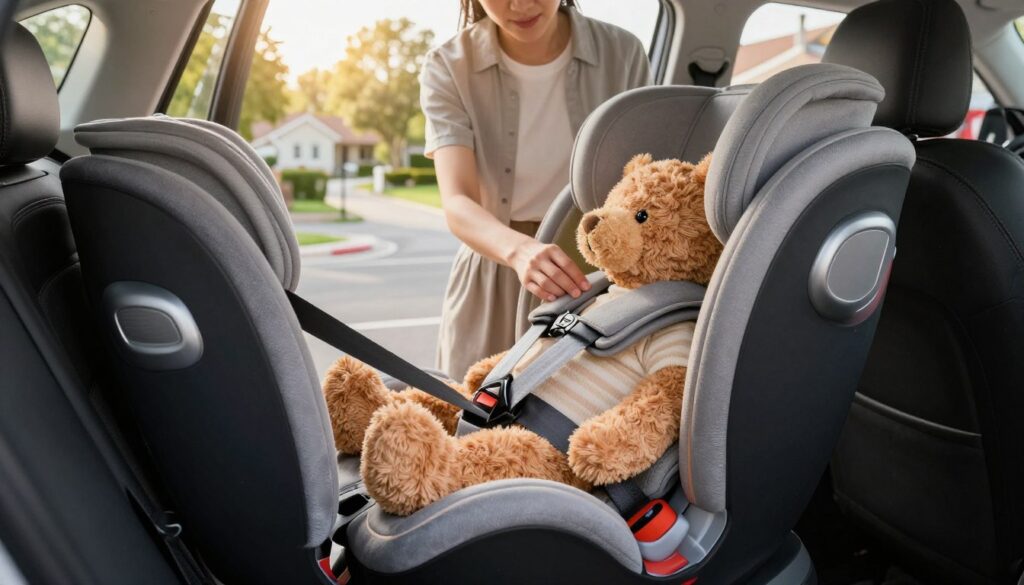 A well-equipped child safety seat positioned in the back of a modern car, illustrating proper seatbelt use for children. The foreground features a close-up of a securely fastened safety belt over a plush, teddy bear sitting in the car seat, emphasizing safety measures. In the middle ground, a parent in casual, modest clothing is seen adjusting the harness, demonstrating responsible use of child safety devices. The background showcases a serene, well-lit suburban street, with gentle afternoon sunlight filtering through trees, creating an inviting and safe atmosphere. The image captures a sense of care and responsibility, highlighting the importance of using safety measures for children while traveling in vehicles. A well-equipped child safety seat positioned in the back of a modern car, illustrating proper seatbelt use for children. The foreground features a close-up of a securely fastened safety belt over a plush, teddy bear sitting in the car seat, emphasizing safety measures. In the middle ground, a parent in casual, modest clothing is seen adjusting the harness, demonstrating responsible use of child safety devices. The background showcases a serene, well-lit suburban street, with gentle afternoon sunlight filtering through trees, creating an inviting and safe atmosphere. The image captures a sense of care and responsibility, highlighting the importance of using safety measures for children while traveling in vehicles.
