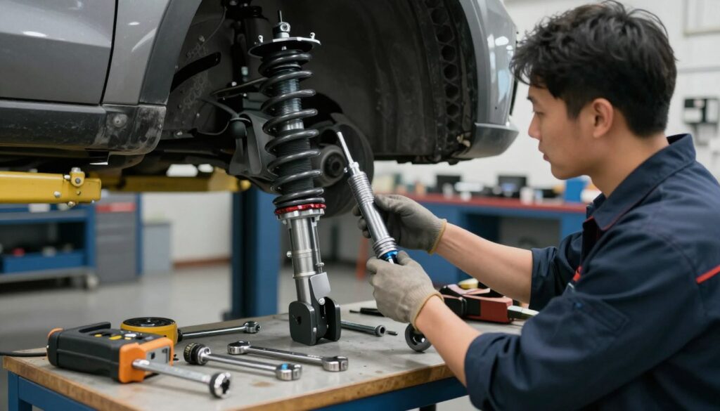 A well-equipped workshop scene focused on suspension adjustment for a vehicle. In the foreground, a mechanic in professional attire attentively inspects a threaded coilover suspension system, using precise tools. The middle layer features various tools scattered across a workbench, including wrenches and measuring devices, highlighting the preparation for adjustment. The background showcases a vehicle lifted on a hydraulic lift with detailed views of the suspension components. Soft, diffused lighting illuminates the scene, creating a focused atmosphere, with shadows enhancing the depth of the workspace. The angle is slightly above eye level, giving a clear view of both the mechanic and the tools, conveying a sense of professionalism and safety in automotive maintenance.