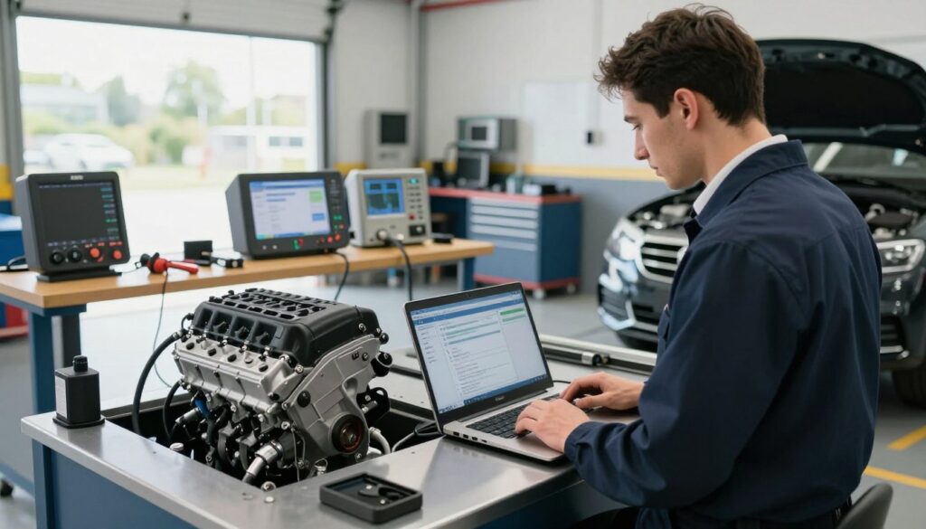 A well-lit automotive workshop, featuring a 2.0 TDI engine on a test bench, showcasing the process of chip tuning. In the foreground, a technician in professional business attire is focused on a laptop connected to the engine, analyzing data in a high-tech environment. The middle ground includes various tools and diagnostic equipment neatly arranged on a workbench, emphasizing precision and professionalism. In the background, an open garage door reveals a bright day outside, casting natural light into the workshop, creating an atmosphere of efficiency and innovation. The composition highlights the importance of planning and time management in vehicle tuning services, conveying a purposeful and industrious mood. A well-lit automotive workshop, featuring a 2.0 TDI engine on a test bench, showcasing the process of chip tuning. In the foreground, a technician in professional business attire is focused on a laptop connected to the engine, analyzing data in a high-tech environment. The middle ground includes various tools and diagnostic equipment neatly arranged on a workbench, emphasizing precision and professionalism. In the background, an open garage door reveals a bright day outside, casting natural light into the workshop, creating an atmosphere of efficiency and innovation. The composition highlights the importance of planning and time management in vehicle tuning services, conveying a purposeful and industrious mood.