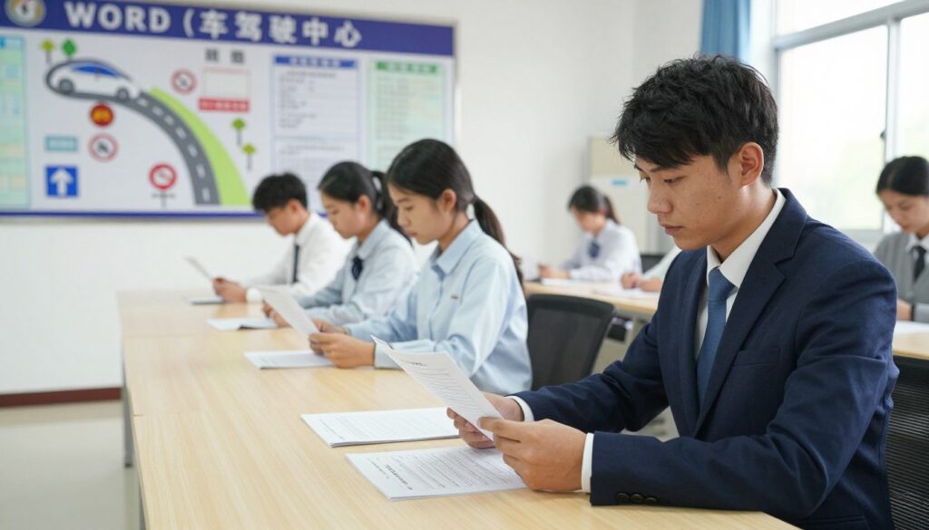 A well-lit examination room at a WORD (Vehicle Driving License Center), featuring a long table with several candidates seated, focused on their theoretical driving exam papers. In the foreground, a candidate in professional business attire intently studying a driver’s handbook. The middle ground shows a large bulletin board with colorful diagrams of road signs and rules, emphasizing the importance of theory in driving education. In the background, a window allows natural light to stream in, enhancing the atmosphere of concentration and seriousness. The mood is formal yet encouraging, highlighting the anticipation and dedication of individuals preparing for their driving exams. Ensure the composition is clean and organized, capturing a moment of learning and progress.