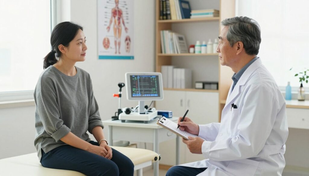 A well-lit medical examination room, conveying an atmosphere of professionalism and calm. In the foreground, a confident, middle-aged doctor in a white coat, holding a clipboard, engages with a patient dressed in business casual attire. The patient appears relaxed and attentive, sitting on an examination table. In the middle ground, medical equipment such as an otoscope, reflex hammer, and a health chart are neatly arranged, while a poster on the wall illustrates the human anatomy. The background showcases shelves filled with medical books and supplies. Soft natural light enters through a window, enhancing the welcoming mood. The image captures a moment of preparation for a driving license examination, emphasizing a calm and organized environment conducive to health assessments.