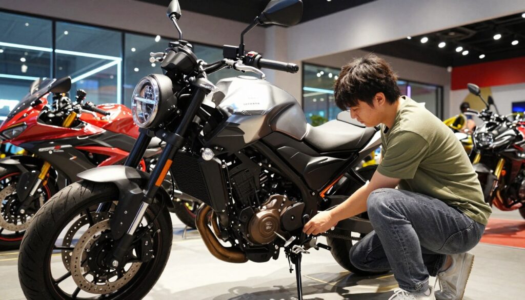 A well-lit motorcycle showroom featuring a tall, elegant motorcycle prominently in the foreground, with a focus on a professional-looking person in modest casual attire who is carefully adjusting the motorcycle seat height. In the middle ground, there are other motorcycles on display, showcasing various models, while the background hints at a sleek, modern design with glass walls and vibrant lighting. The composition is shot from a slightly low angle to emphasize the motorcycle's stature and the person's involvement. The overall atmosphere is one of determination and assistance, highlighting the importance of finding the perfect fit for riders of different heights. A well-lit motorcycle showroom featuring a tall, elegant motorcycle prominently in the foreground, with a focus on a professional-looking person in modest casual attire who is carefully adjusting the motorcycle seat height. In the middle ground, there are other motorcycles on display, showcasing various models, while the background hints at a sleek, modern design with glass walls and vibrant lighting. The composition is shot from a slightly low angle to emphasize the motorcycle's stature and the person's involvement. The overall atmosphere is one of determination and assistance, highlighting the importance of finding the perfect fit for riders of different heights.