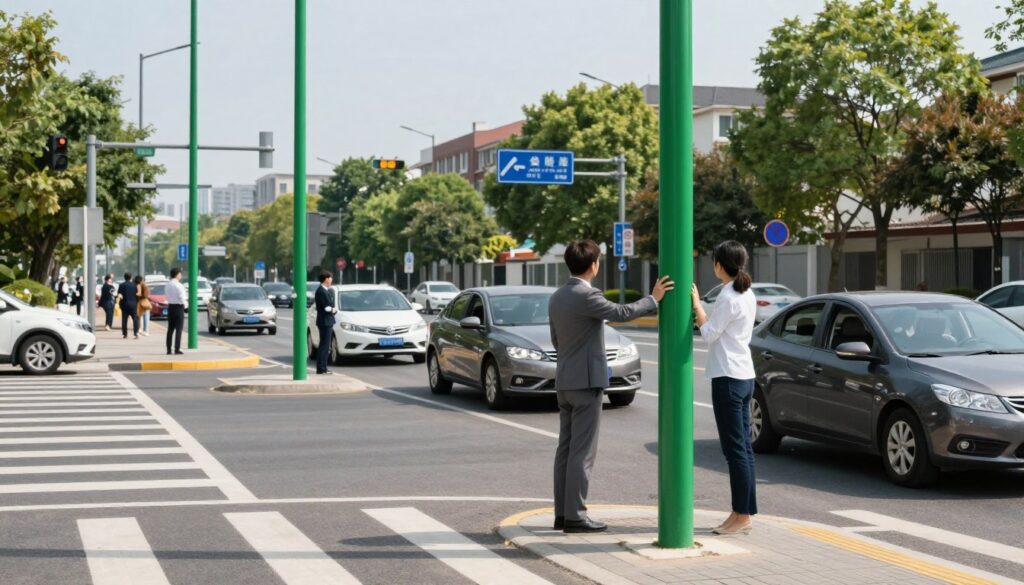 A well-lit urban intersection showcasing a modern road design, featuring green poles prominently on each corner, symbolizing the importance of navigating the area with caution. In the foreground, a diverse group of drivers in professional attire is seen in their vehicles, observing the green poles while preparing to navigate the intersection. The middle ground highlights clear road signage and traffic rules, adding context to the situation. In the background, there are buildings and trees framing the scene, under a bright, sunny sky that conveys a sense of clarity and safety. The atmosphere is focused and attentive, capturing the essence of responsible driving behavior at a crossroads with green poles, depicted from a slightly elevated angle to provide a comprehensive view.