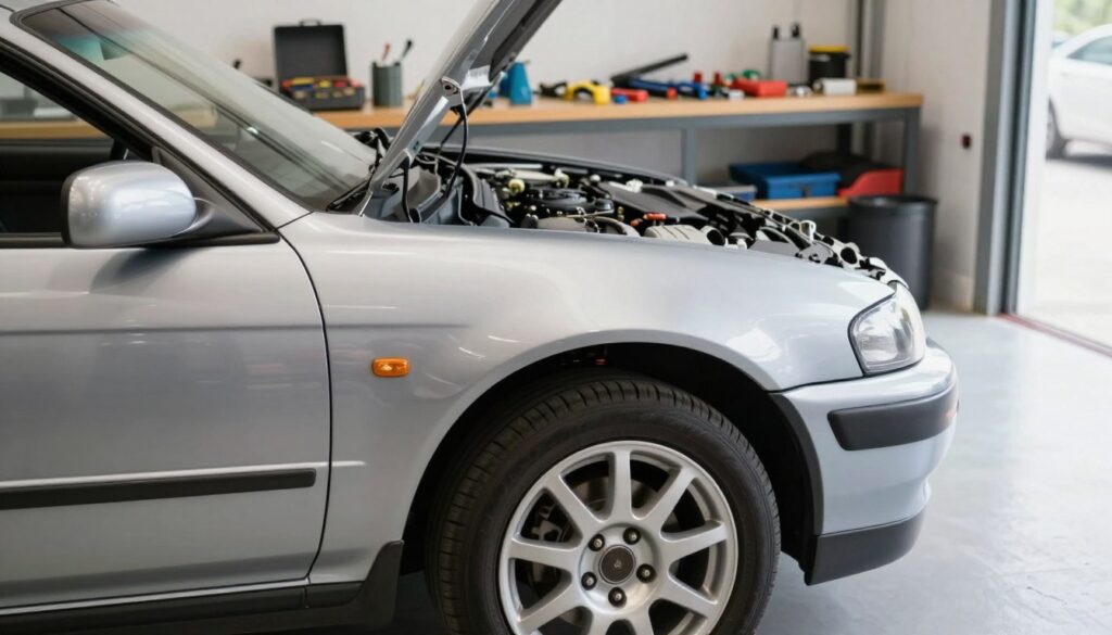 A well-maintained, pre-owned car displayed in a bright, airy garage setting. In the foreground, the car's shiny exterior is highlighted, showcasing its smooth paintwork and well-kept tires. The background features tools neatly arranged on a workbench, emphasizing a professional atmosphere. Soft, natural lighting illuminates the scene, creating a welcoming ambiance. Capture the angle from slightly above eye level, focusing on the car's details, including the engine bay partially open to suggest recent inspections. The overall mood should convey a sense of readiness and quality, inviting prospective buyers to appreciate the vehicle's condition. No human figures are present, ensuring the focus remains solely on the car.