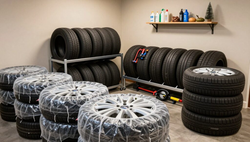 A well-organized home storage area for car tires, showing a clean and tidy basement or garage space. In the foreground, neatly stacked wheels on protective covers, demonstrating proper tire storage techniques. In the middle ground, a practical storage rack filled with additional tire sets and related tools, such as a tire pressure gauge and a wheel alignment tool. In the background, soft, ambient lighting highlights the walls, with a few shelves containing cleaning supplies and seasonal items, ensuring a cozy atmosphere. The camera angle is slightly elevated to provide a comprehensive view of the entire setup, capturing a sense of order and accessibility in the domestic environment. No people are present in the scene. A well-organized home storage area for car tires, showing a clean and tidy basement or garage space. In the foreground, neatly stacked wheels on protective covers, demonstrating proper tire storage techniques. In the middle ground, a practical storage rack filled with additional tire sets and related tools, such as a tire pressure gauge and a wheel alignment tool. In the background, soft, ambient lighting highlights the walls, with a few shelves containing cleaning supplies and seasonal items, ensuring a cozy atmosphere. The camera angle is slightly elevated to provide a comprehensive view of the entire setup, capturing a sense of order and accessibility in the domestic environment. No people are present in the scene.