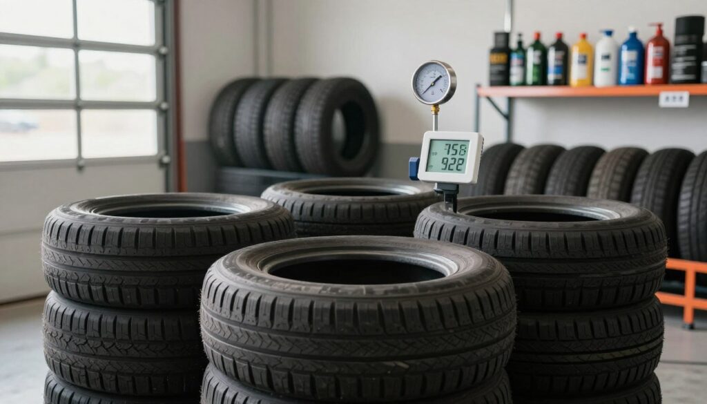 A well-organized storage area for tires without rims, showcasing the ideal conditions for tire preservation. In the foreground, display neatly stacked tires, showcasing their texture and rubber details, arranged in a manner that allows airflow. In the middle ground, depict a temperature gauge and a humidity monitor indicating optimal levels, reflecting a controlled environment. The background should feature a clean, well-lit garage or storage room with shelves holding tire care products, suggesting a professional setting. Soft, natural lighting should filter in from a nearby window, creating an inviting atmosphere while avoiding harsh shadows. The mood should evoke a sense of care and professionalism, emphasizing the importance of proper tire storage. A well-organized storage area for tires without rims, showcasing the ideal conditions for tire preservation. In the foreground, display neatly stacked tires, showcasing their texture and rubber details, arranged in a manner that allows airflow. In the middle ground, depict a temperature gauge and a humidity monitor indicating optimal levels, reflecting a controlled environment. The background should feature a clean, well-lit garage or storage room with shelves holding tire care products, suggesting a professional setting. Soft, natural lighting should filter in from a nearby window, creating an inviting atmosphere while avoiding harsh shadows. The mood should evoke a sense of care and professionalism, emphasizing the importance of proper tire storage.